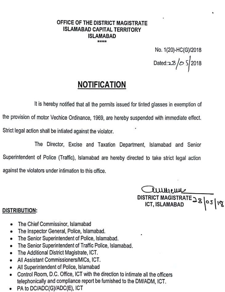 Beware! Islamabad Police is in action against tinted glass users