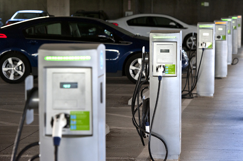 July 23, 2012 - The parking structure on NREL's South Table Mountain campus features electric charging stations for employees. (Photo by Dennis Schroeder / NREL)