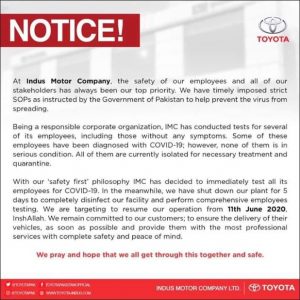 Toyota Indus Motors Notice to shut down its plant 