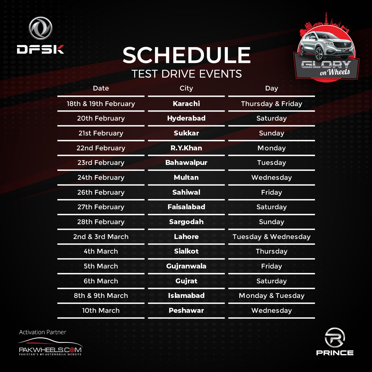 Glory on Wheels Event Schedule