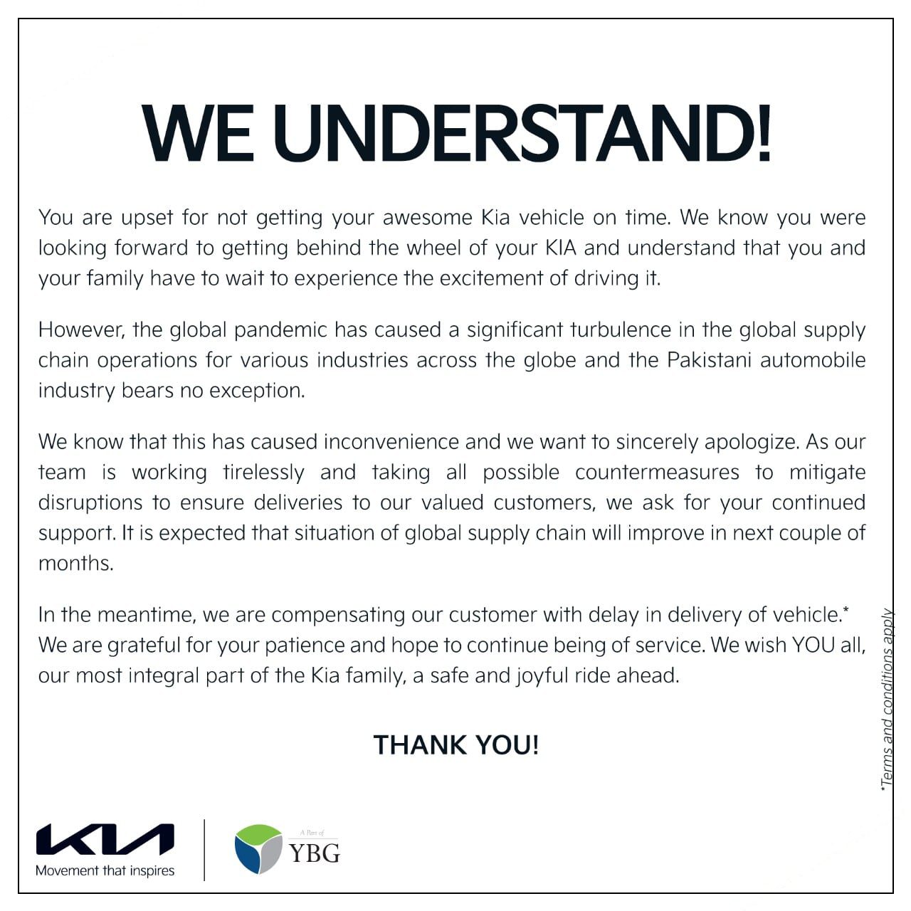 KIA Official Notice for late car deliveries
