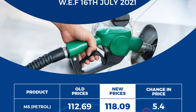 Petrol Prices increased wef 15 july 2021