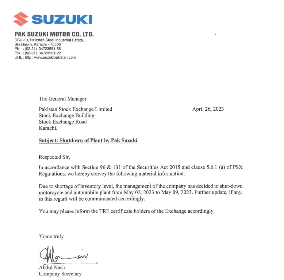 suzuki plant notice
