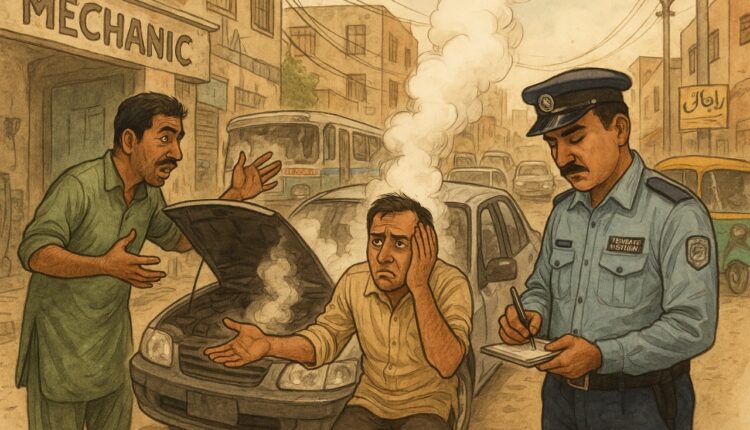 Pakistani driver reacting to engine breakdown – real-life 9/11 car moment with mechanic and wallet-crushing repairs